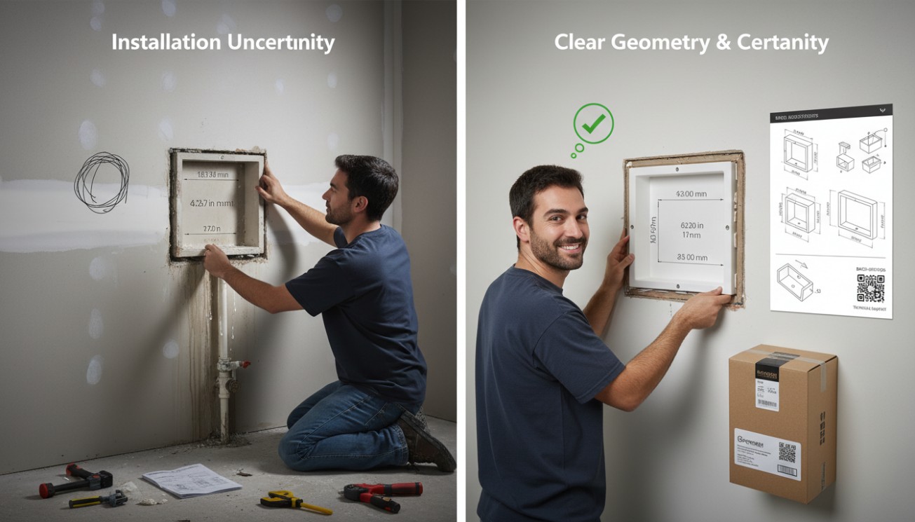 Comparison of uncertain shower niche installation and controlled geometry with clear technical specifications